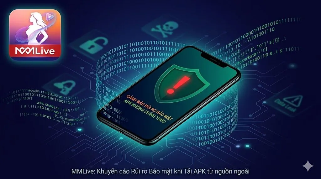 Hình ảnh cảnh báo rủi ro bảo mật trên MMLive với biểu tượng lá chắn, dấu chấm than đỏ và mã code khi tải APK không chính thức