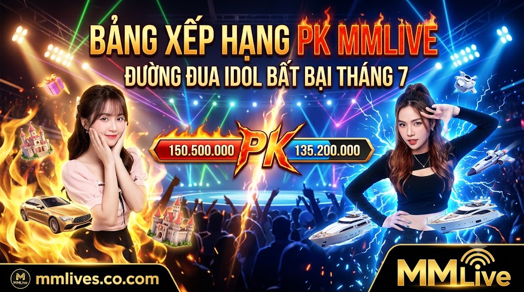 Ảnh đại diện Bảng xếp hạng PK MMLive tháng 7, vinh danh các chiến thần Idol bất bại trên đường đua PK liên server với cơn mưa quà tặng ảo và điểm cống hiến kỷ lục. Hình ảnh độc quyền từ mmlives.co.com.
