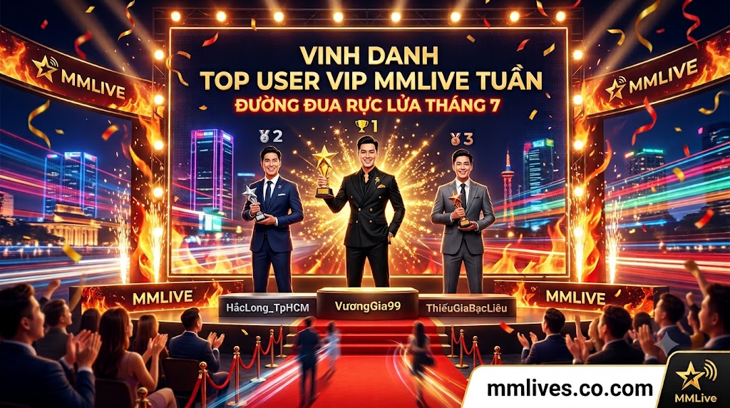 Bảng xếp hạng vinh danh Top User VIP MMLive tuần, gồm Top 3 đại gia dẫn đầu đường đua cống hiến tháng 7 trên sân khấu trao giải hoành tráng của nền tảng mmlives.co.com.