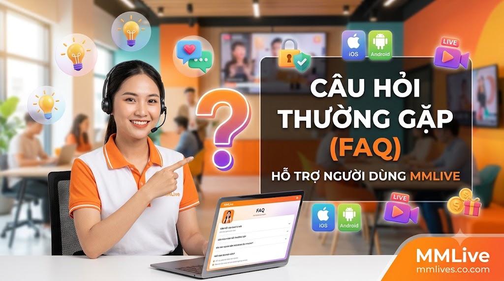 Hình ảnh nhân viên chăm sóc khách hàng MMLive mỉm cười hỗ trợ giải đáp các câu hỏi thường gặp (FAQ). Giao diện trực quan nổi bật các biểu tượng hệ điều hành iOS, Android, bảo mật tài khoản, cùng dòng chữ "Câu Hỏi Thường Gặp (FAQ) - Hỗ trợ người dùng MMLive" và tên miền mmlives.co.com.