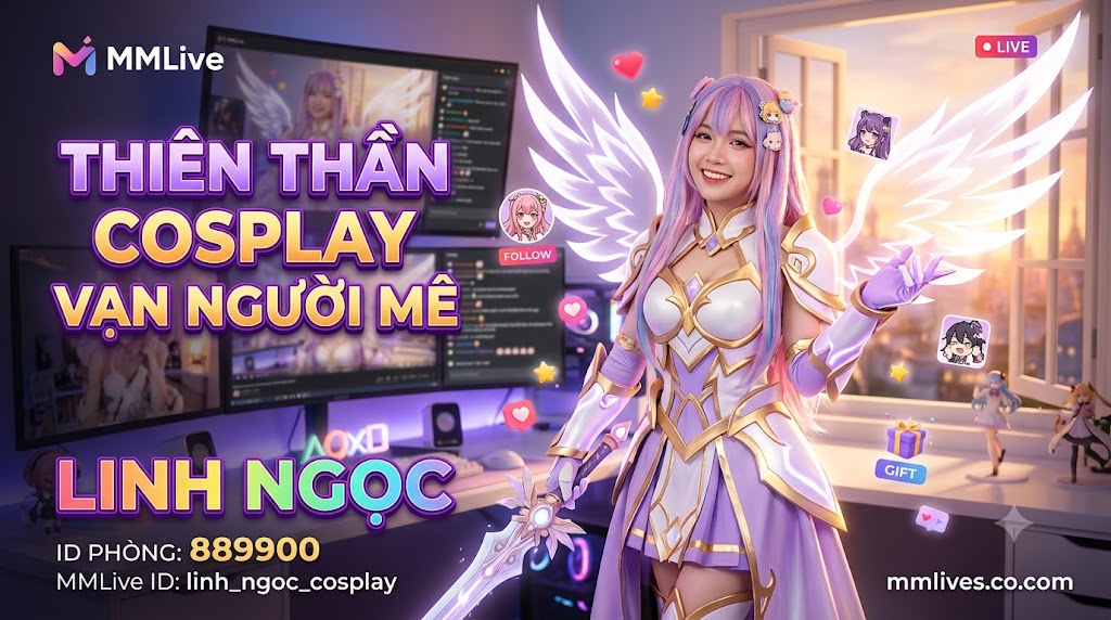 Banner hồ sơ Idol Cosplay MMLive Linh Ngọc, ID phòng 889900. Hình ảnh nữ streamer hóa trang thành nữ chiến binh thiên thần anime vô cùng xinh đẹp và lộng lẫy trong không gian phòng live, kèm dòng chữ 'Thiên thần Cosplay vạn người mê' và tên miền mmlives.co.com.