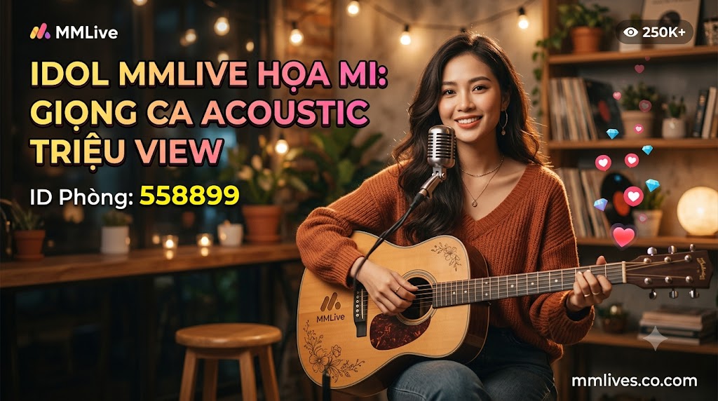 Banner hồ sơ Idol cover nhạc MMLive Họa Mi, ID phòng 558899. Hình ảnh nữ streamer xinh đẹp đang ôm đàn guitar acoustic mỉm cười trước micro trong không gian ấm cúng, kèm dòng chữ 'Giọng ca acoustic triệu view' và tên miền mmlives.co.com.