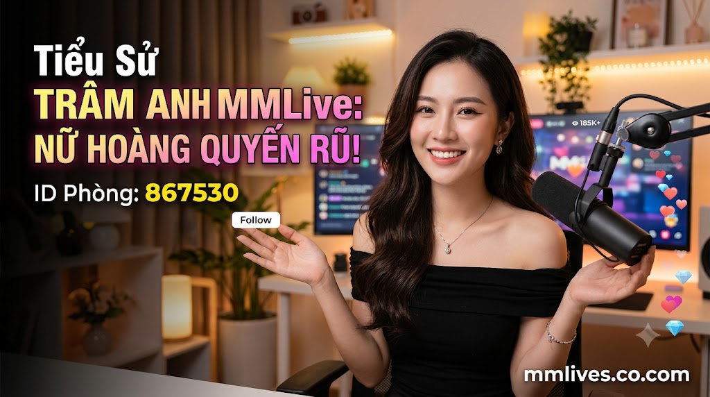 Banner hồ sơ idol Trâm Anh MMLive, giới thiệu 'Nữ hoàng quyến rũ!' với ID phòng 867530. Hình ảnh một nữ streamer trẻ mỉm cười trước thiết bị livestream, với các biểu tượng trái tim và kim cương bay lên. Bao gồm domain mmlives.co.com.
