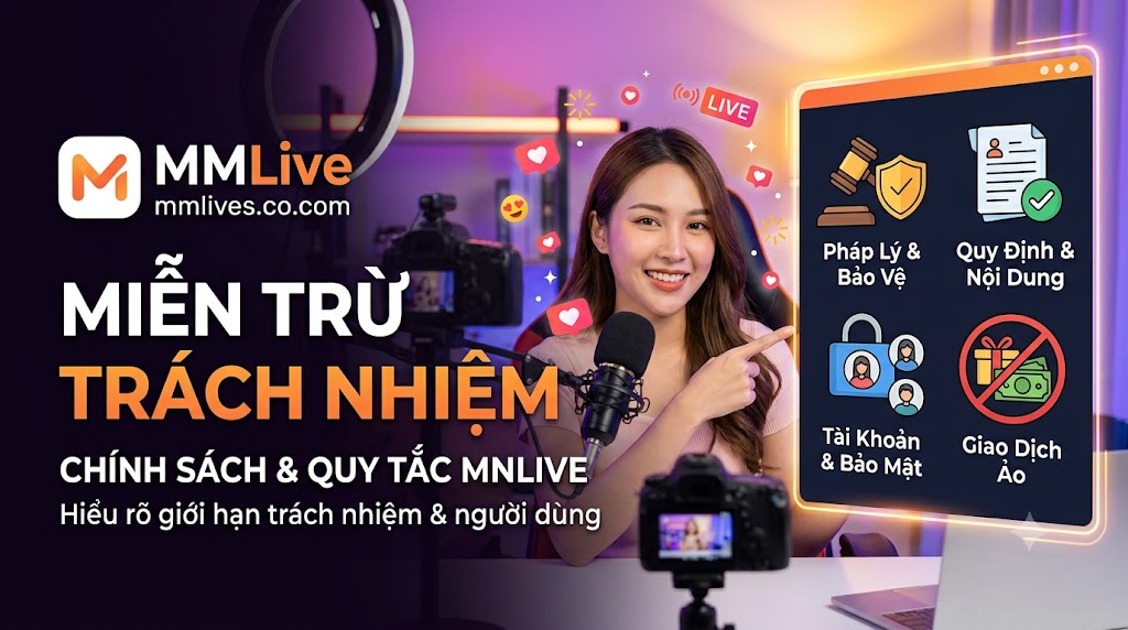 Hình ảnh một phụ nữ trẻ mỉm cười trong bối cảnh livestream, chỉ vào màn hình hiển thị bốn biểu tượng chính sách chính của nền tảng MM Live: Pháp Lý & Bảo Vệ, Quy Định & Nội Dung, Tài Khoản & Bảo Mật, và Giao Dịch Ảo. Văn bản lớn 'MIỄN TRỪ TRÁCH NHIỆM' và logo MM Live với tên miền mmlives.co.com hiển thị rõ ràng.