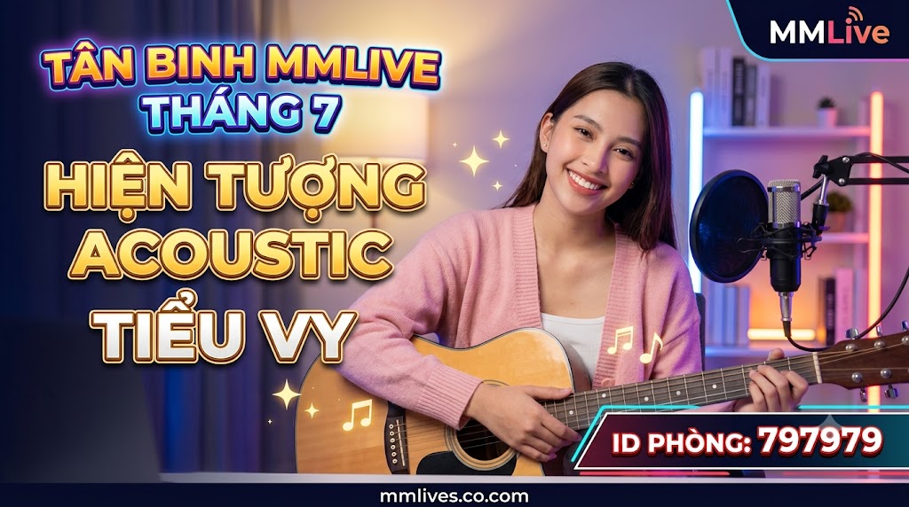 Ảnh thumbnail bài viết Tân Binh MMLive Tháng 7: Hiện Tượng Acoustic Tiểu Vy. Hình ảnh nữ streamer Tiểu Vy ôm đàn guitar tươi cười trong phòng livestream, kèm ID phòng 797979 và tên miền mmlives.co.com.