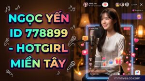 Idol Ngọc Yến MMLive ID 778899, hotgirl miền Tây mặc áo bà ba trắng đang livestream hát acoustic, kèm giao diện ứng dụng và watermark mmlives.co.com.