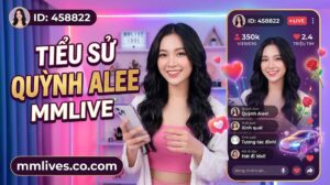 Hình ảnh giới thiệu tiểu sử Quỳnh Alee trên MMLive với ID 458822. Ảnh hiển thị Quỳnh Alee cười cầm điện thoại trong studio livestream đèn LED hồng tím. Văn bản lớn "TIỂU SỬ QUỲNH ALEE MMLIVE" và domain mmlives.co.com được hiển thị rõ, cùng giao diện livestream bên phải với 350k người xem và 2.4 triệu tim.