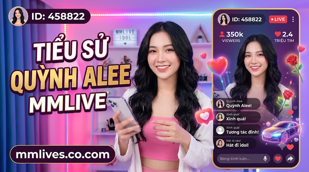 Hình ảnh giới thiệu tiểu sử Quỳnh Alee trên MMLive với ID 458822. Ảnh hiển thị Quỳnh Alee cười cầm điện thoại trong studio livestream đèn LED hồng tím. Văn bản lớn "TIỂU SỬ QUỲNH ALEE MMLIVE" và domain mmlives.co.com được hiển thị rõ, cùng giao diện livestream bên phải với 350k người xem và 2.4 triệu tim.