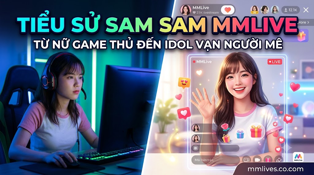 Nữ gamer MMLive Sam Sam chơi game trong phòng có đèn LED dải, bao gồm lớp phủ giao diện hồ sơ trang web và watermark 'mmlives.co.com'.